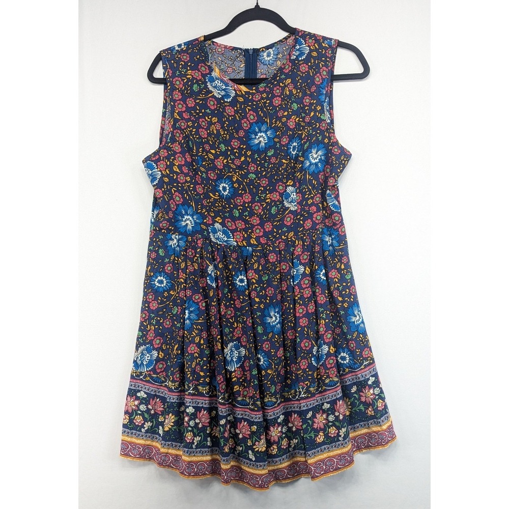 Floral Paisley‎ Cotton Sleeveless Mini Dress Navy Blue Boho Fit & Flare Small
